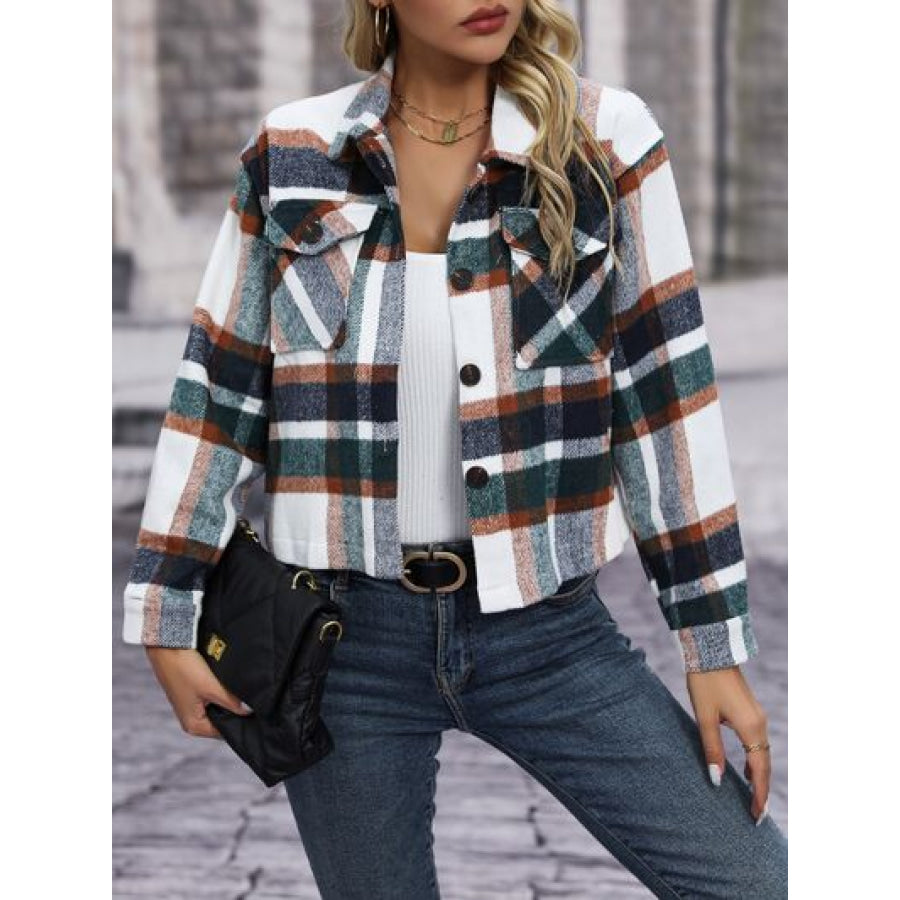 Plaid Button Up Jacket with Pockets Green / S Apparel and Accessories