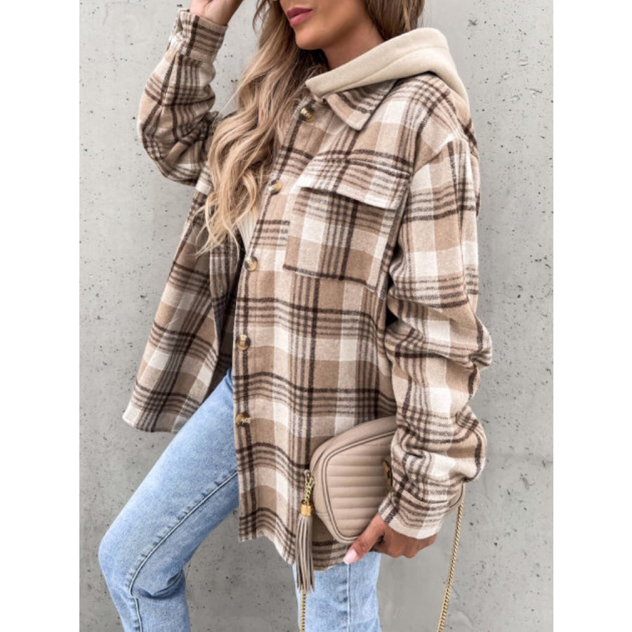 Plaid Button Up Jacket with Removable Hood Apparel and Accessories