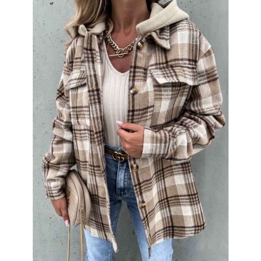 Plaid Button Up Jacket with Removable Hood Camel / S Apparel and Accessories