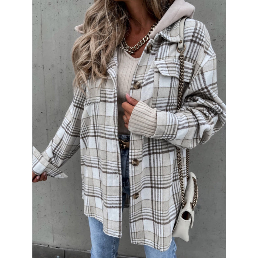 Plaid Button Up Jacket with Removable Hood Light Gray / S Apparel and Accessories