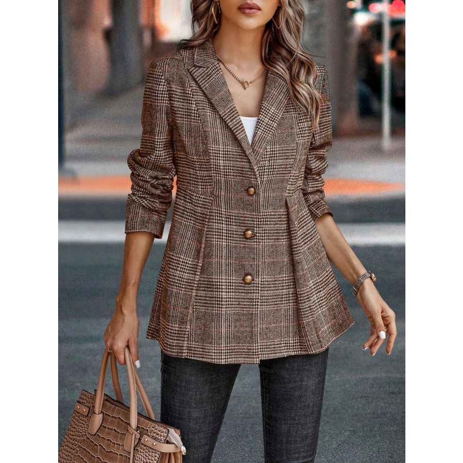 Plaid Button Up Lapel Collar Blazer Apparel and Accessories