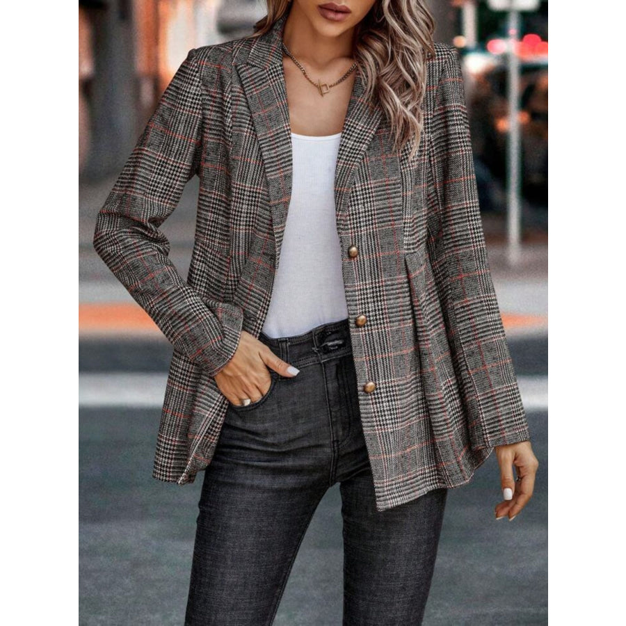 Plaid Button Up Lapel Collar Blazer Apparel and Accessories