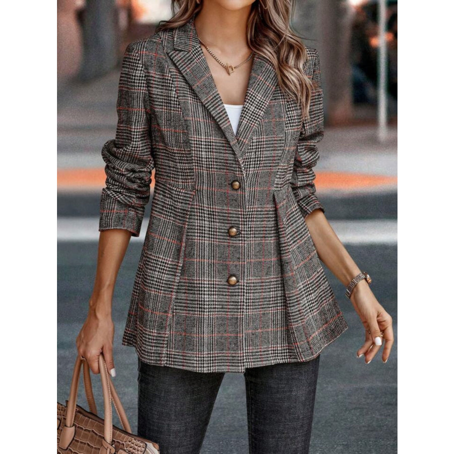 Plaid Button Up Lapel Collar Blazer Apparel and Accessories