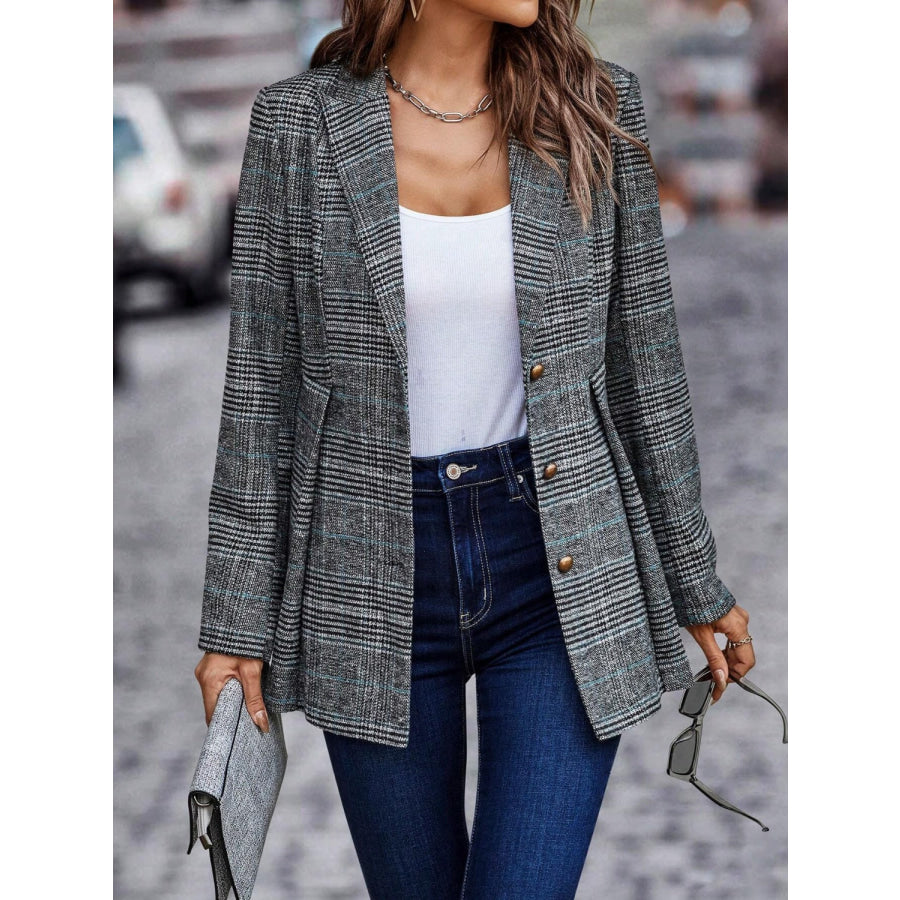 Plaid Button Up Lapel Collar Blazer Apparel and Accessories