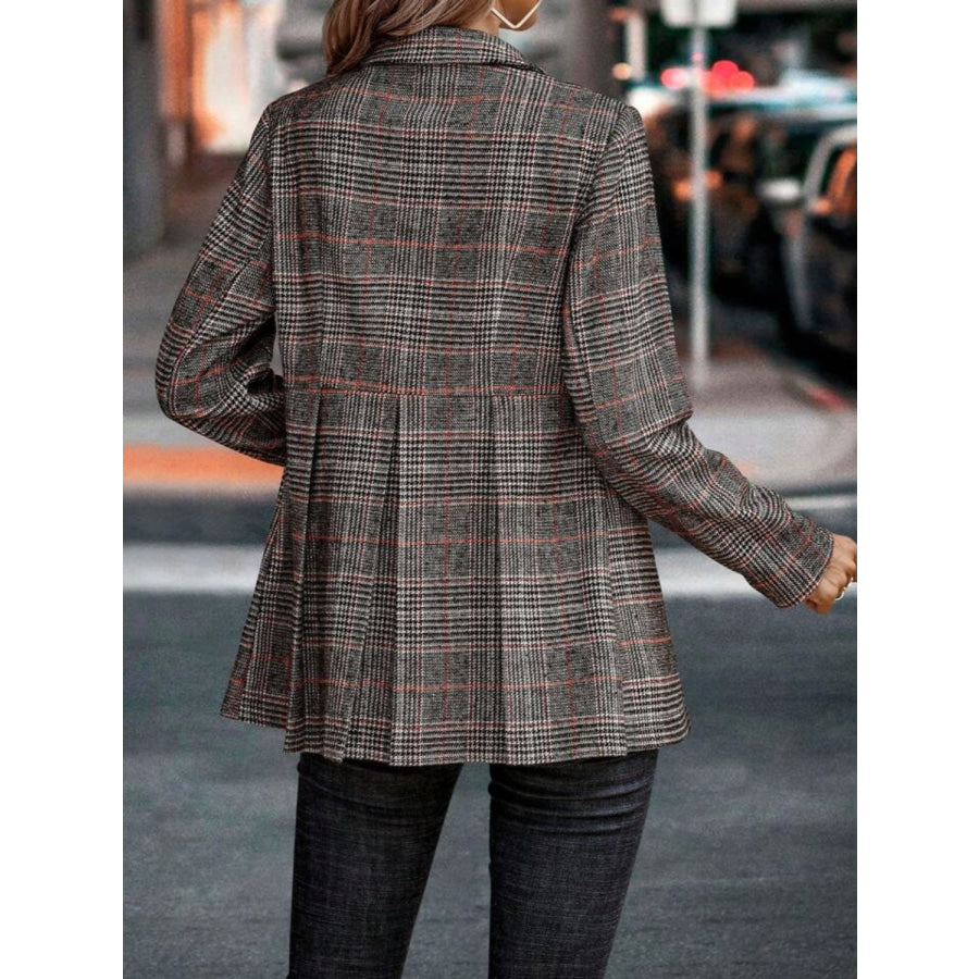 Plaid Button Up Lapel Collar Blazer Brown / S Apparel and Accessories