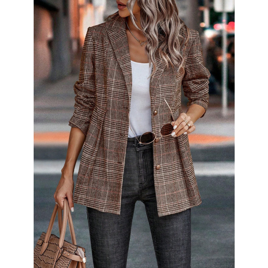 Plaid Button Up Lapel Collar Blazer Apparel and Accessories