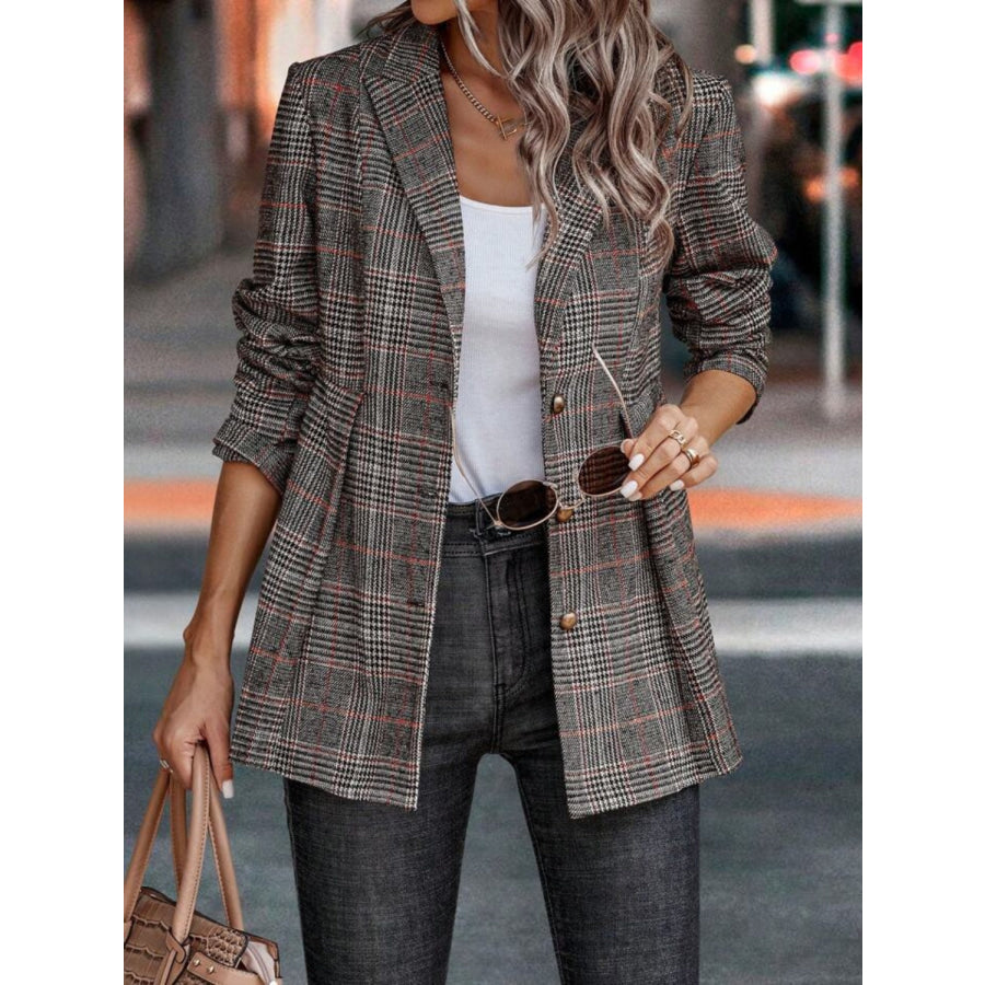 Plaid Button Up Lapel Collar Blazer Apparel and Accessories