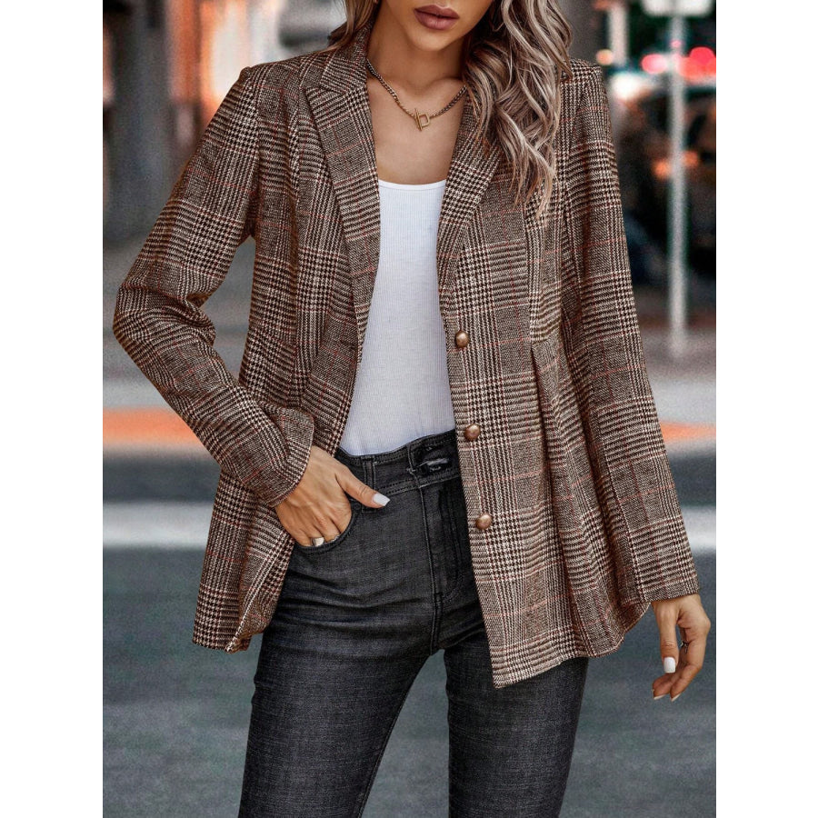 Plaid Button Up Lapel Collar Blazer Apparel and Accessories