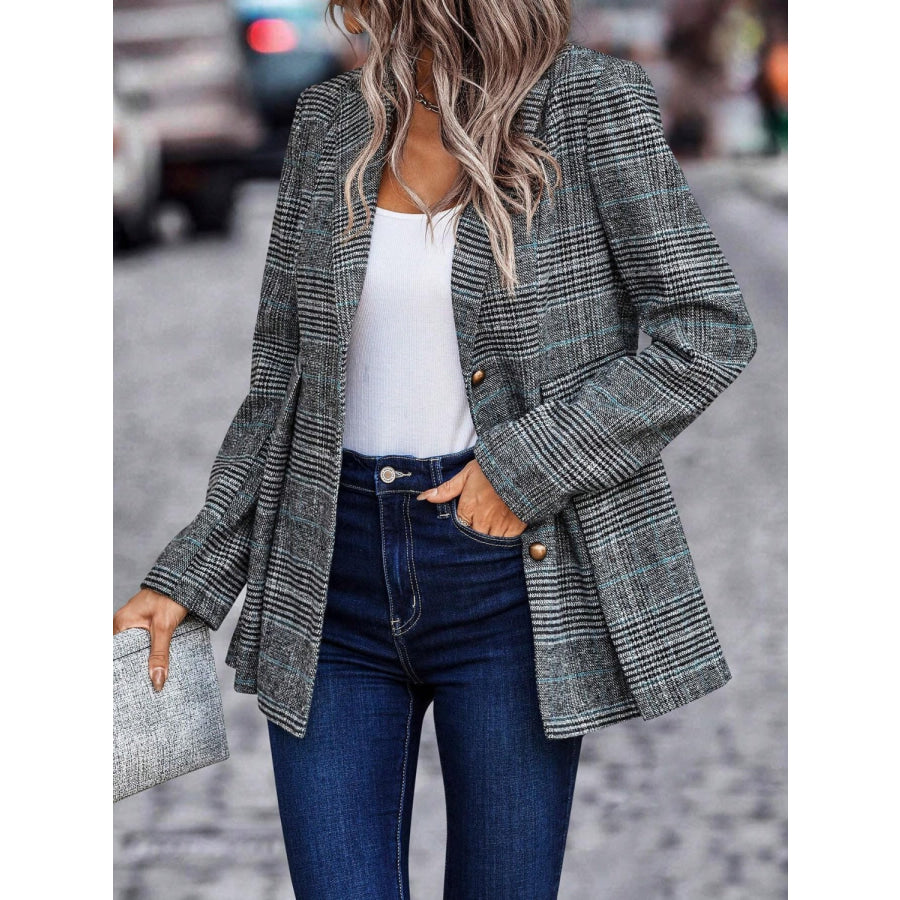 Plaid Button Up Lapel Collar Blazer Apparel and Accessories