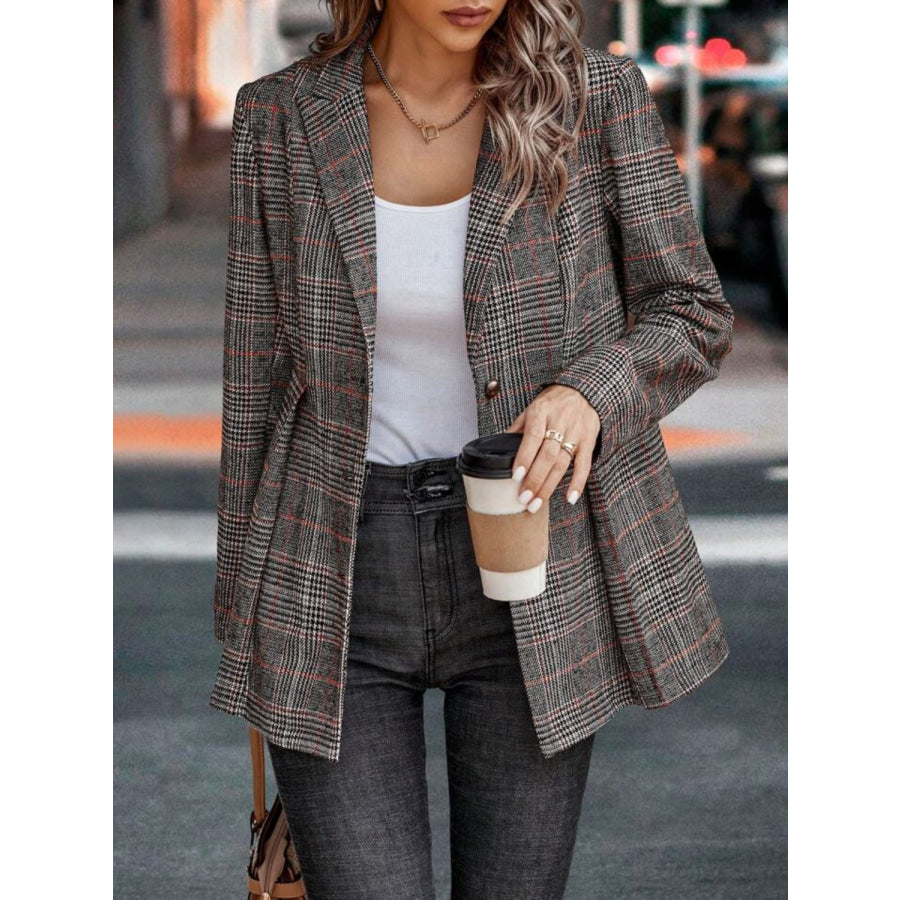 Plaid Button Up Lapel Collar Blazer Brown / S Apparel and Accessories