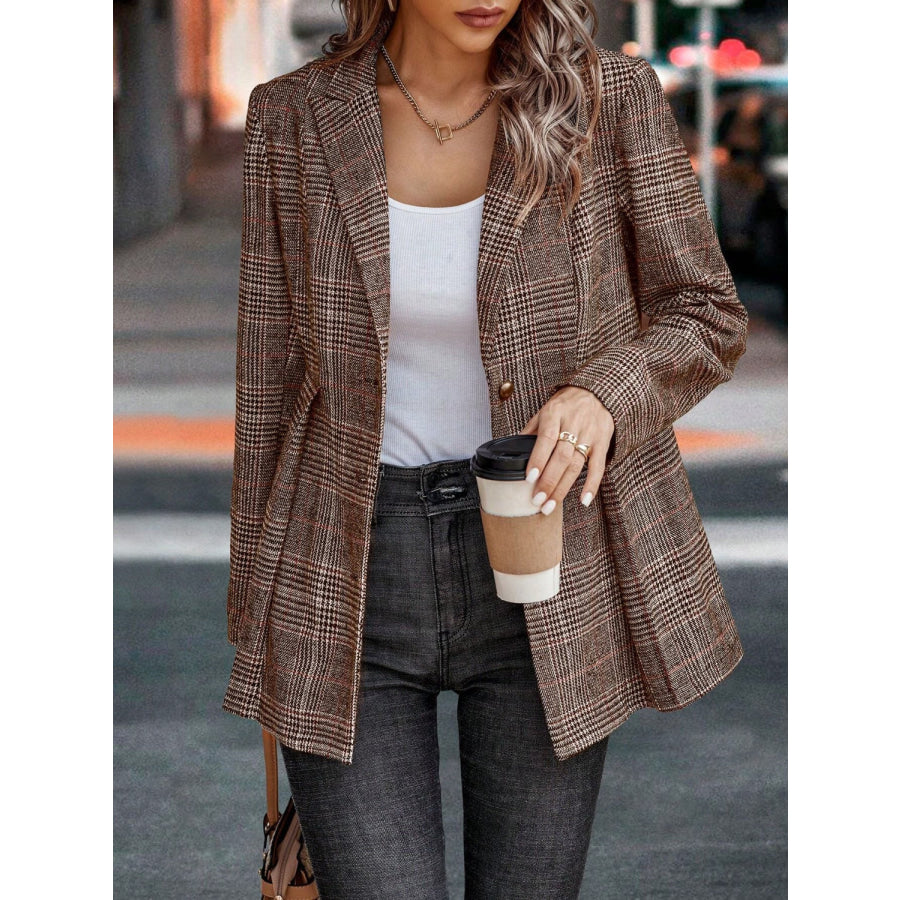 Plaid Button Up Lapel Collar Blazer Taupe / S Apparel and Accessories