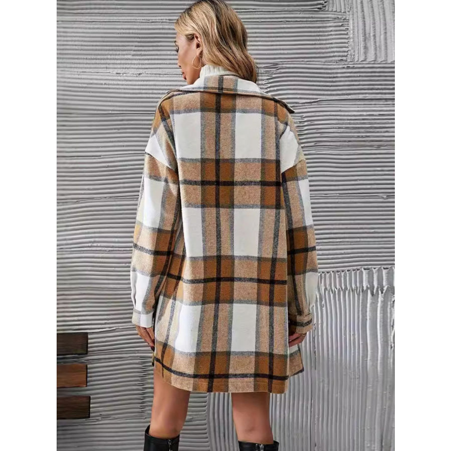 Plaid Button Up Long Sleeve Coat and Skirt Set Apparel and Accessories