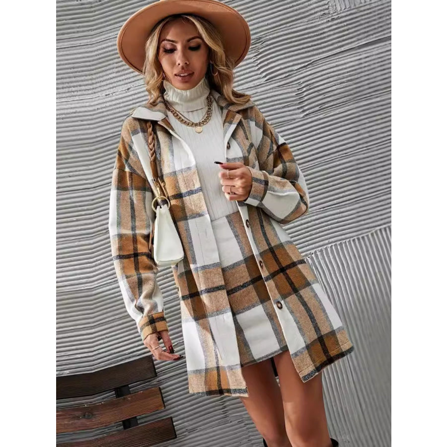 Plaid Button Up Long Sleeve Coat and Skirt Set Apparel and Accessories