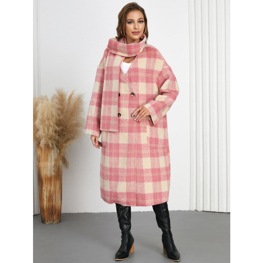 Plaid Button Up Long Sleeve Coat Burnt Coral / S Apparel and Accessories