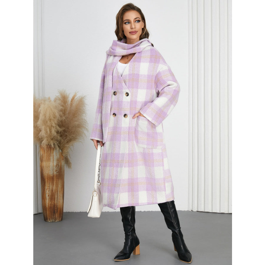 Plaid Button Up Long Sleeve Coat Pink Purple / S Apparel and Accessories