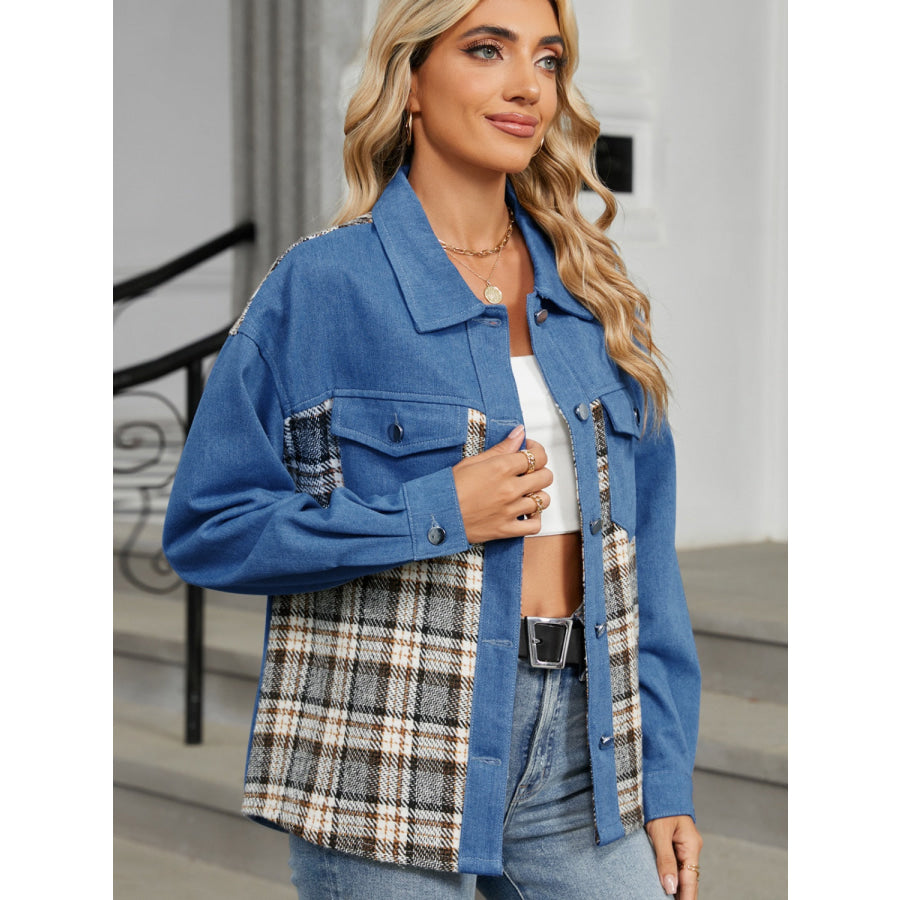 Plaid Button Up Long Sleeve Denim Jacket Apparel and Accessories