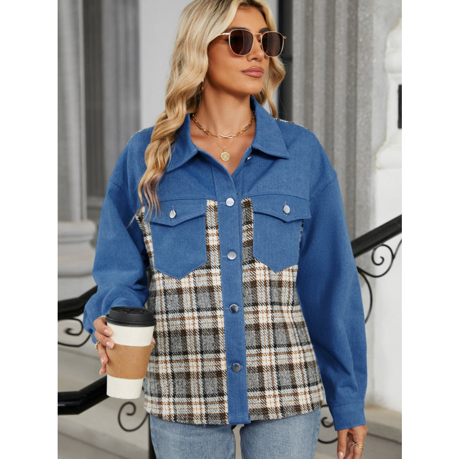 Plaid Button Up Long Sleeve Denim Jacket Apparel and Accessories