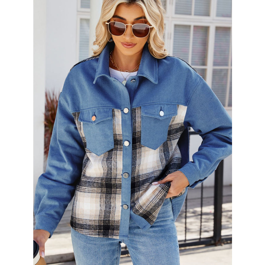 Plaid Button Up Long Sleeve Denim Jacket Apparel and Accessories