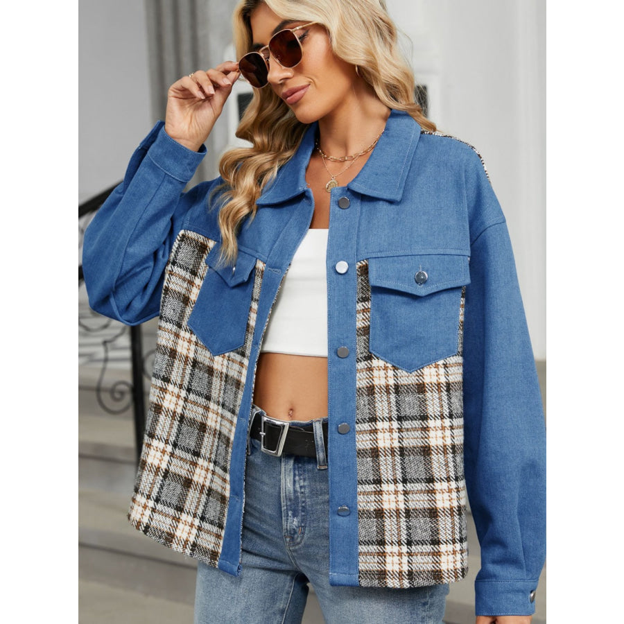 Plaid Button Up Long Sleeve Denim Jacket Apparel and Accessories