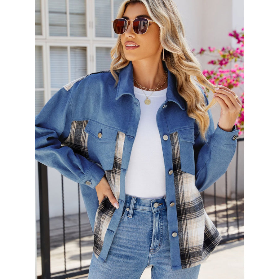 Plaid Button Up Long Sleeve Denim Jacket Apparel and Accessories