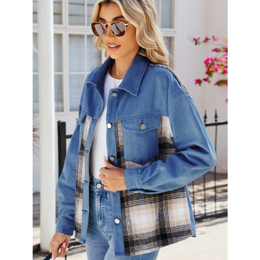 Plaid Button Up Long Sleeve Denim Jacket Apparel and Accessories