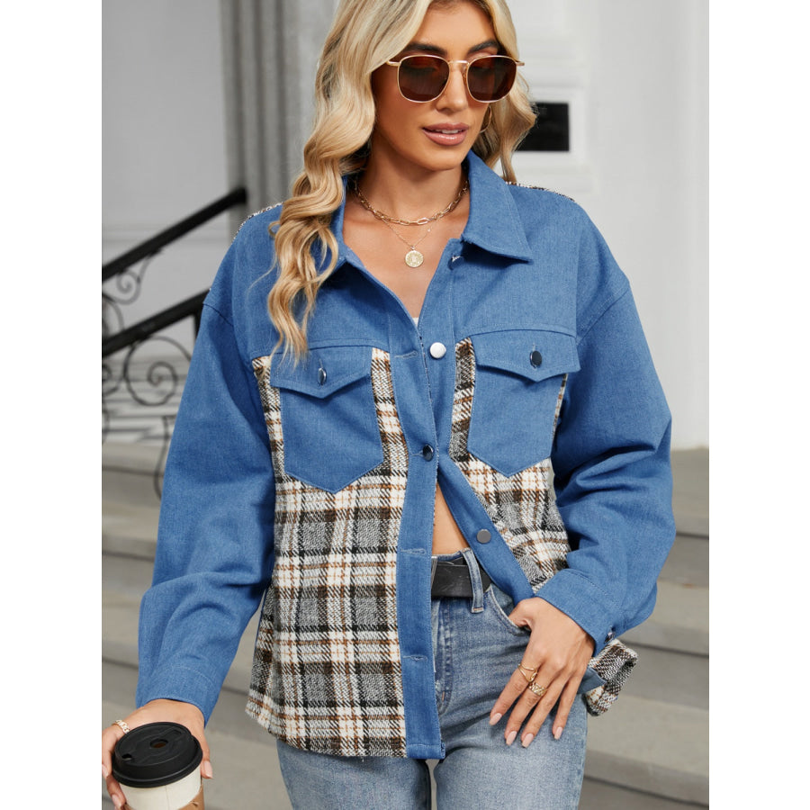 Plaid Button Up Long Sleeve Denim Jacket Apparel and Accessories