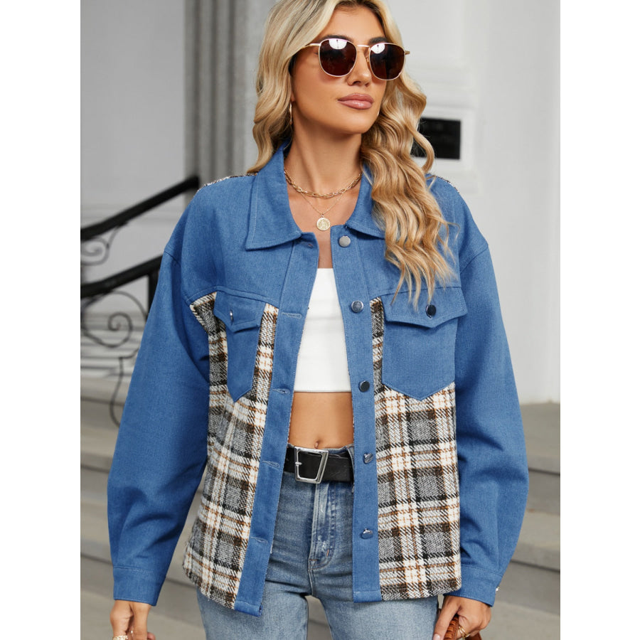 Plaid Button Up Long Sleeve Denim Jacket Dusty Blue / S Apparel and Accessories