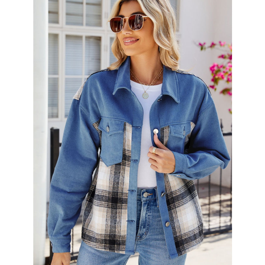 Plaid Button Up Long Sleeve Denim Jacket Medium / S Apparel and Accessories