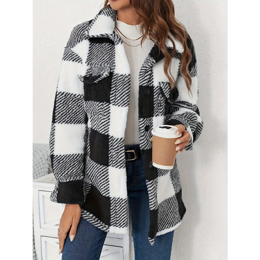 Plaid Button Up Long Sleeve Fuzzy Outerwear Black / S Apparel and Accessories