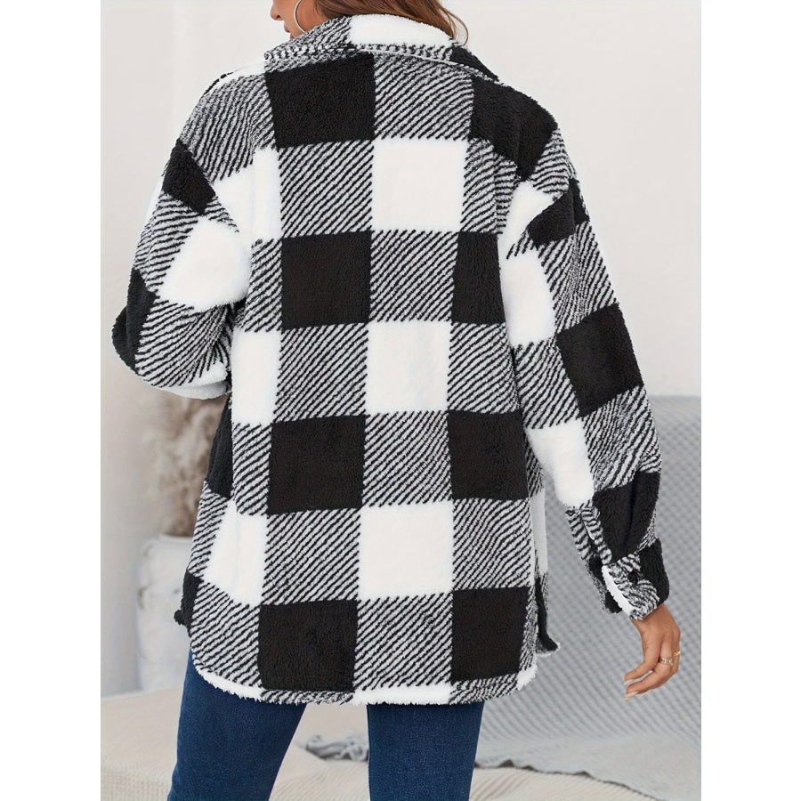 Plaid Button Up Long Sleeve Fuzzy Outerwear Apparel and Accessories