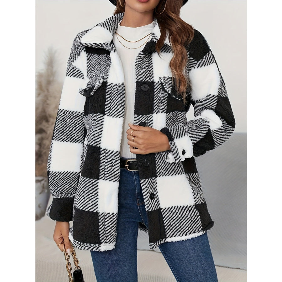 Plaid Button Up Long Sleeve Fuzzy Outerwear Apparel and Accessories