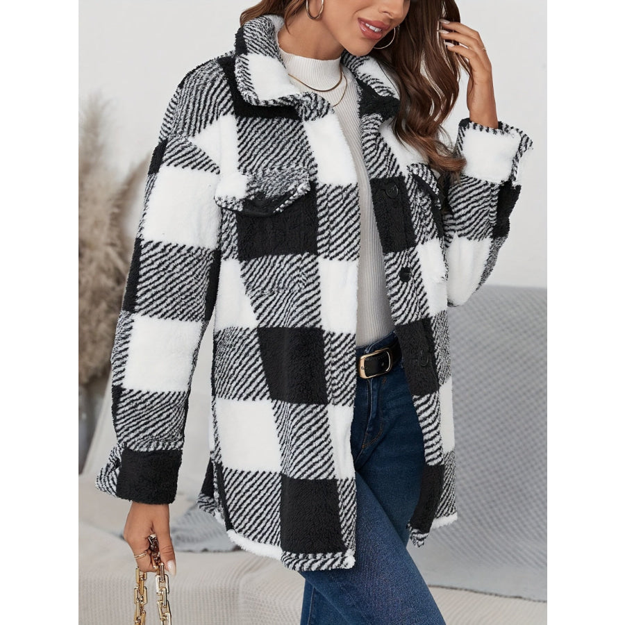 Plaid Button Up Long Sleeve Fuzzy Outerwear Apparel and Accessories