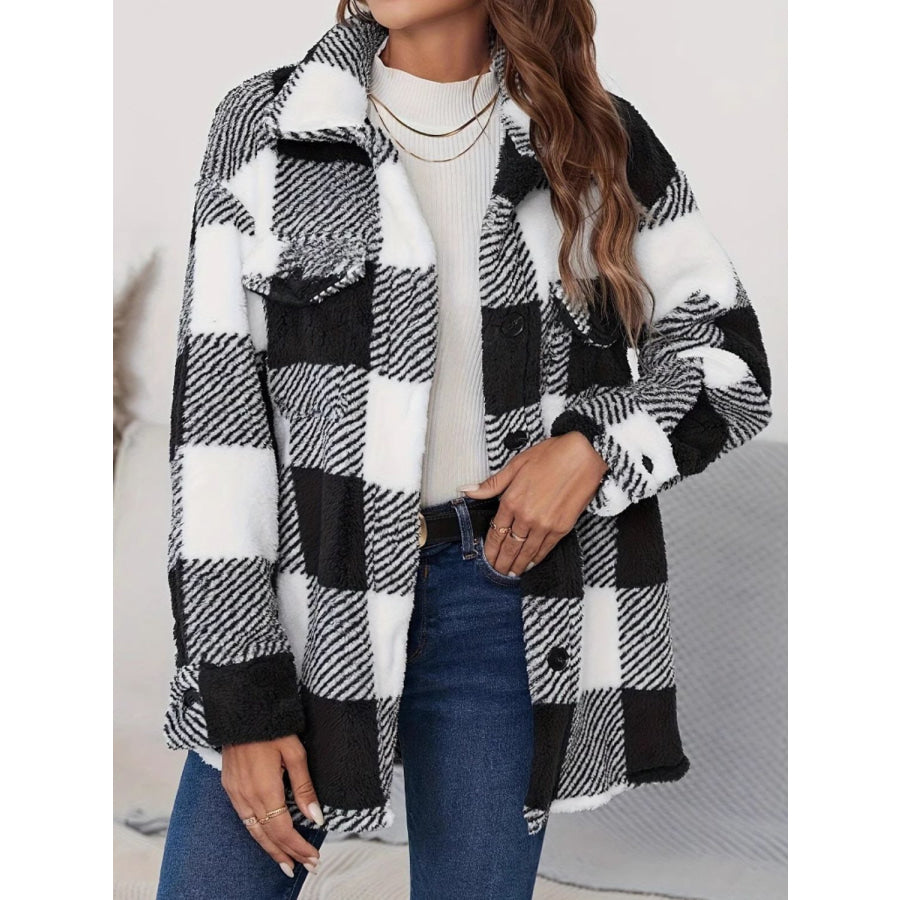 Plaid Button Up Long Sleeve Fuzzy Outerwear Black / S Apparel and Accessories