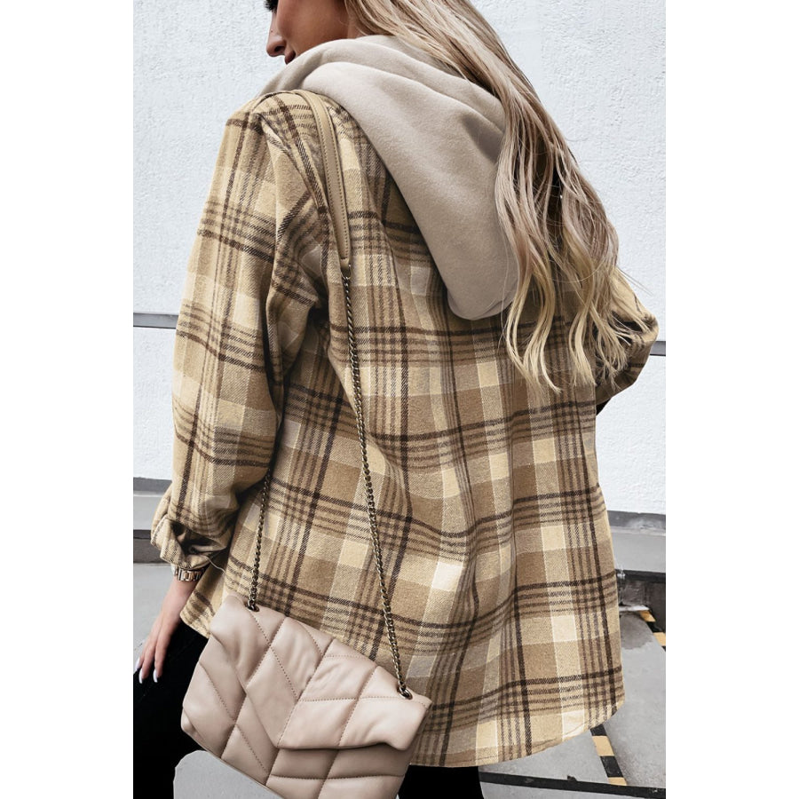 Plaid Button Up Long Sleeve Hooded Jacket Apparel and Accessories