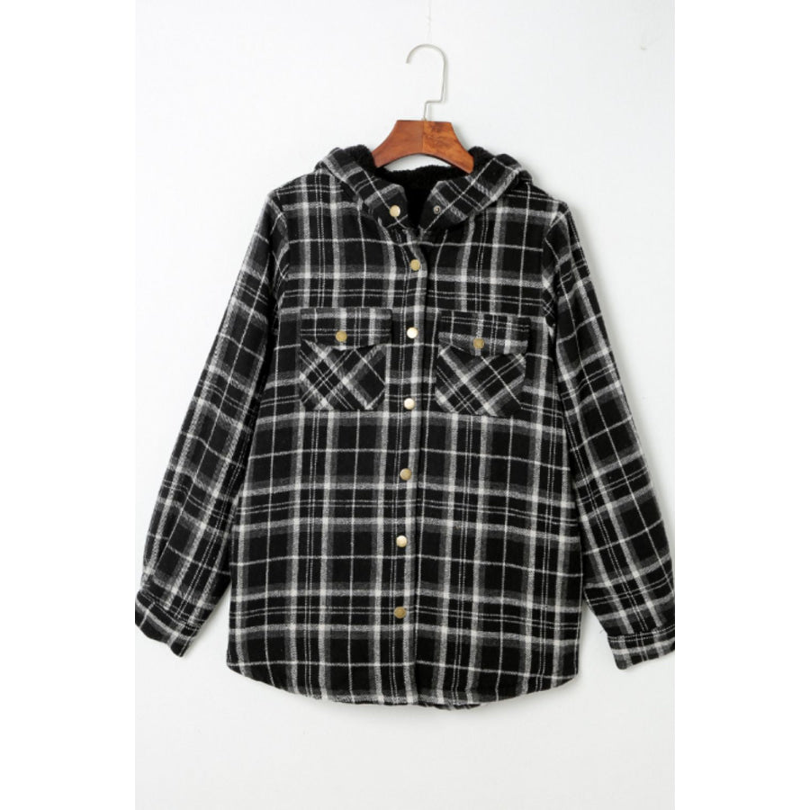 Plaid Button Up Long Sleeve Hooded Jacket Apparel and Accessories