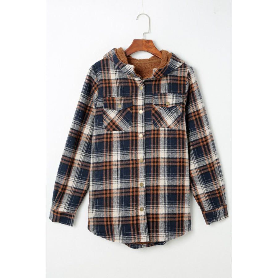 Plaid Button Up Long Sleeve Hooded Jacket Apparel and Accessories