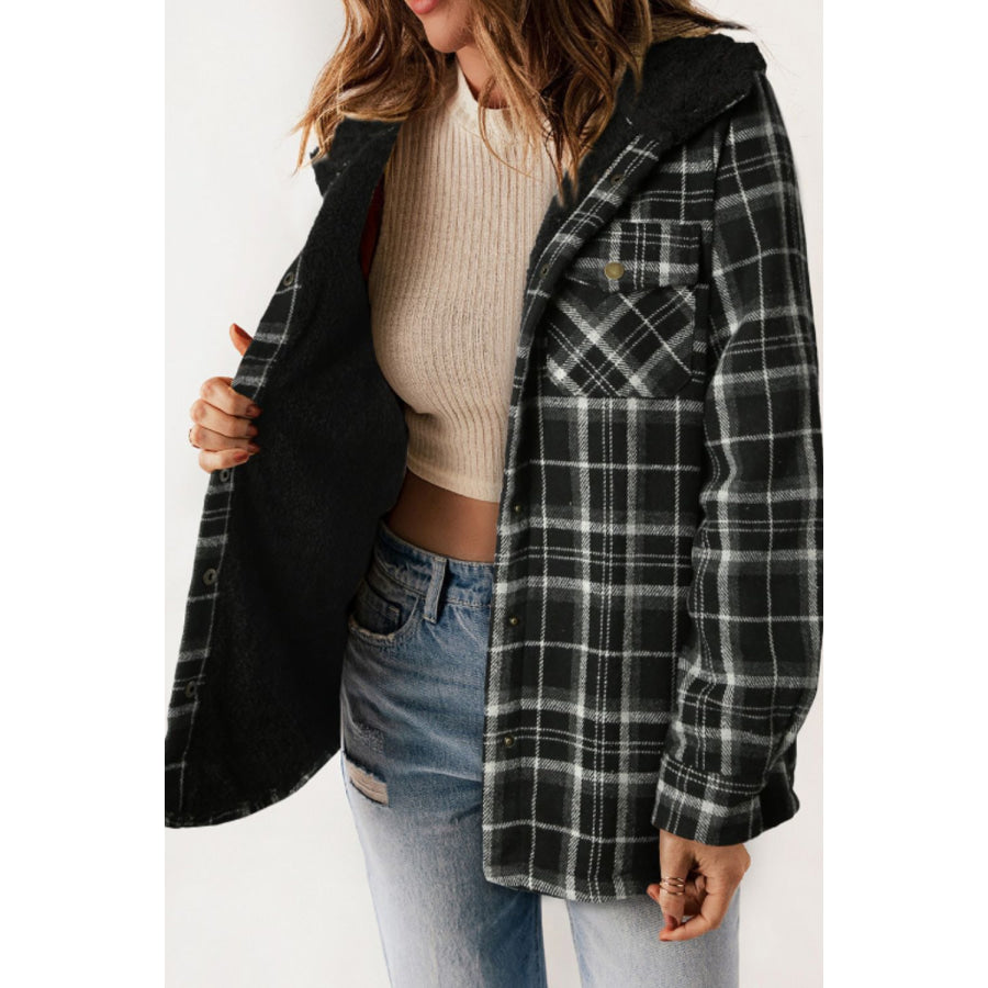 Plaid Button Up Long Sleeve Hooded Jacket Apparel and Accessories