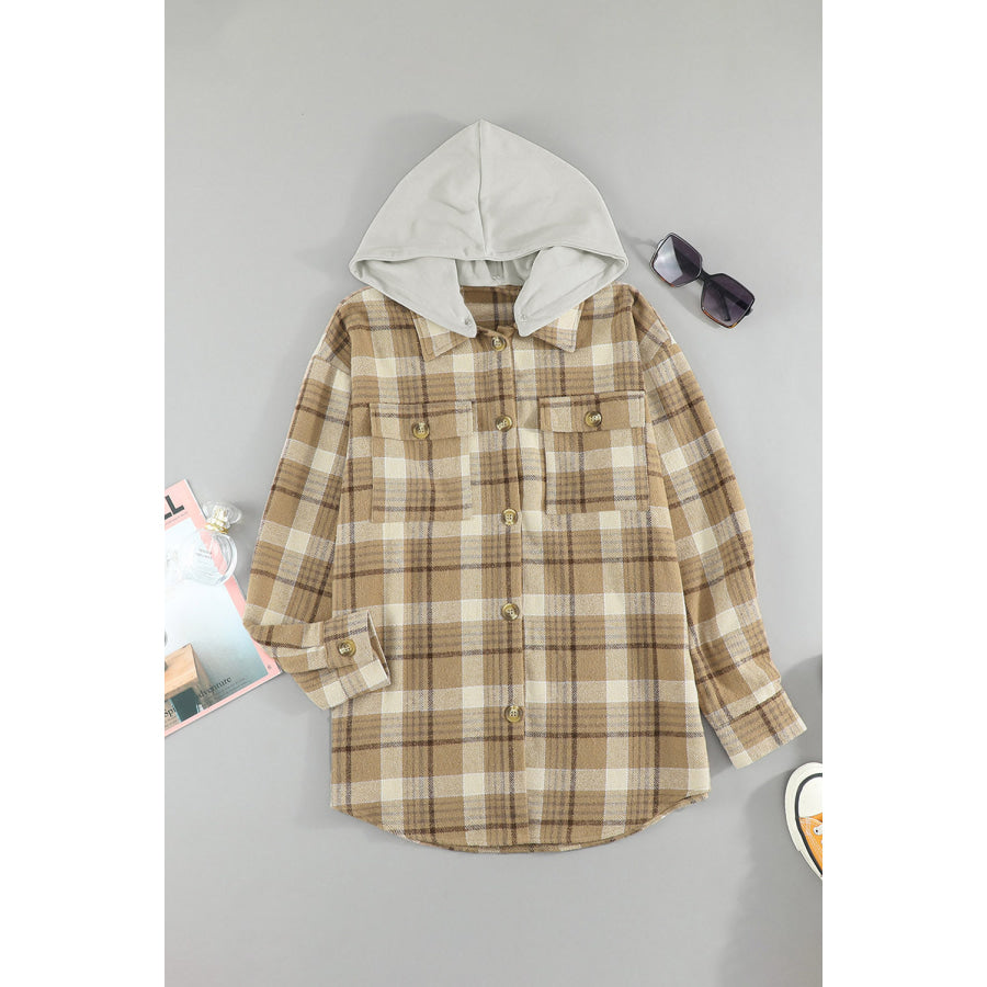 Plaid Button Up Long Sleeve Hooded Jacket Apparel and Accessories