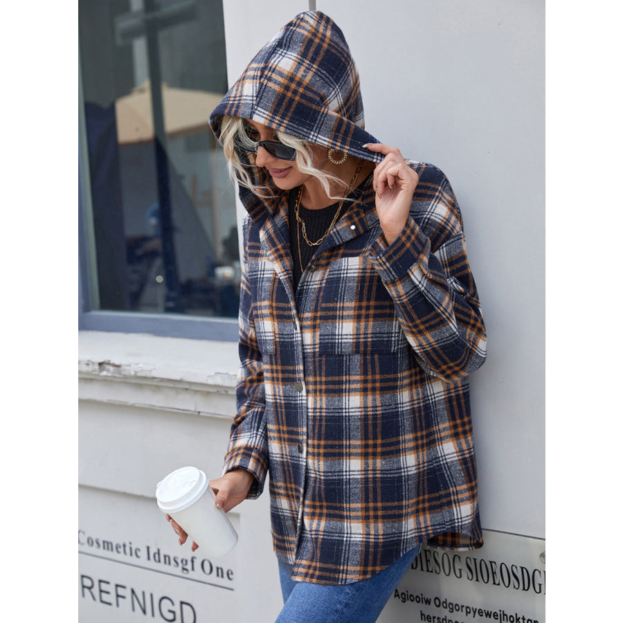 Plaid Button Up Long Sleeve Hooded Jacket Apparel and Accessories