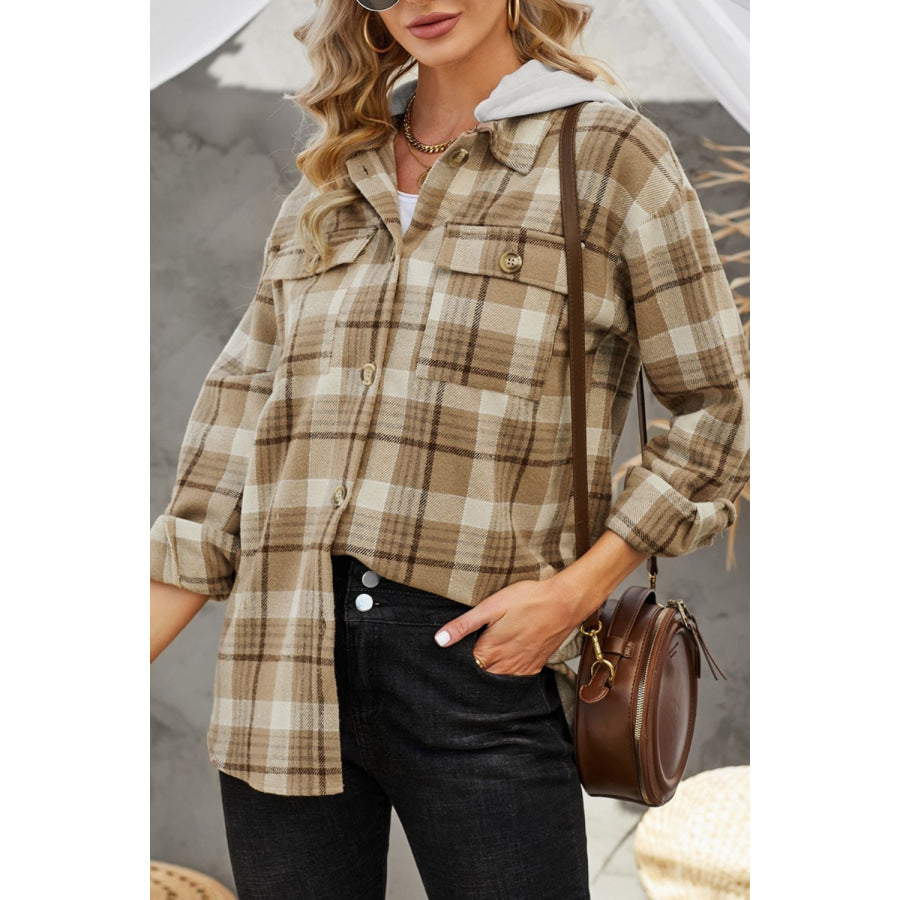 Plaid Button Up Long Sleeve Hooded Jacket Apparel and Accessories