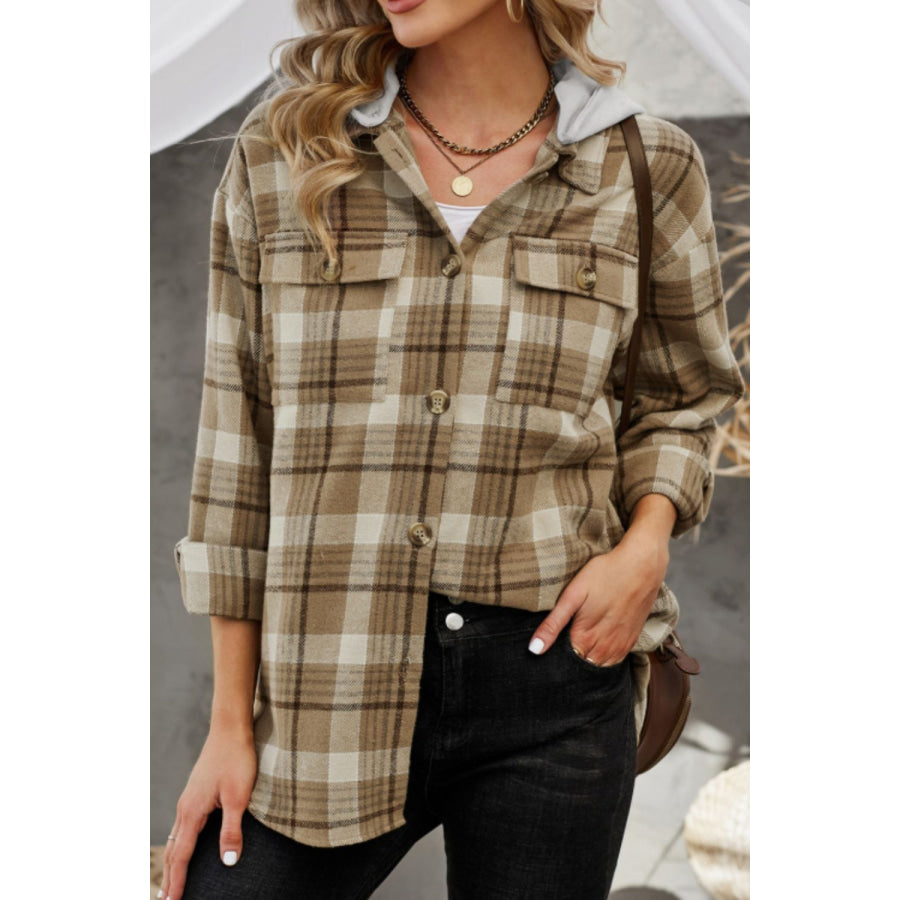 Plaid Button Up Long Sleeve Hooded Jacket Apparel and Accessories