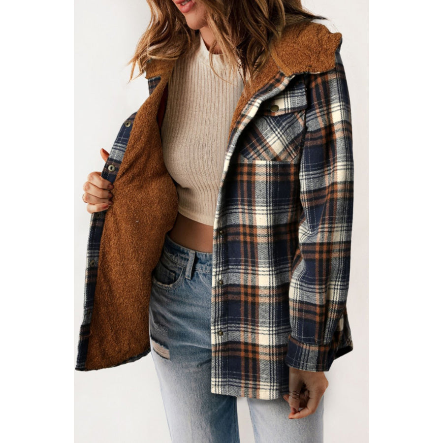 Plaid Button Up Long Sleeve Hooded Jacket Apparel and Accessories