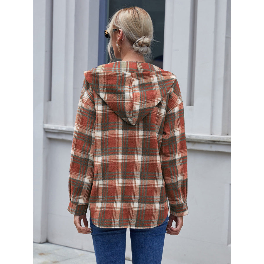 Plaid Button Up Long Sleeve Hooded Jacket Apparel and Accessories