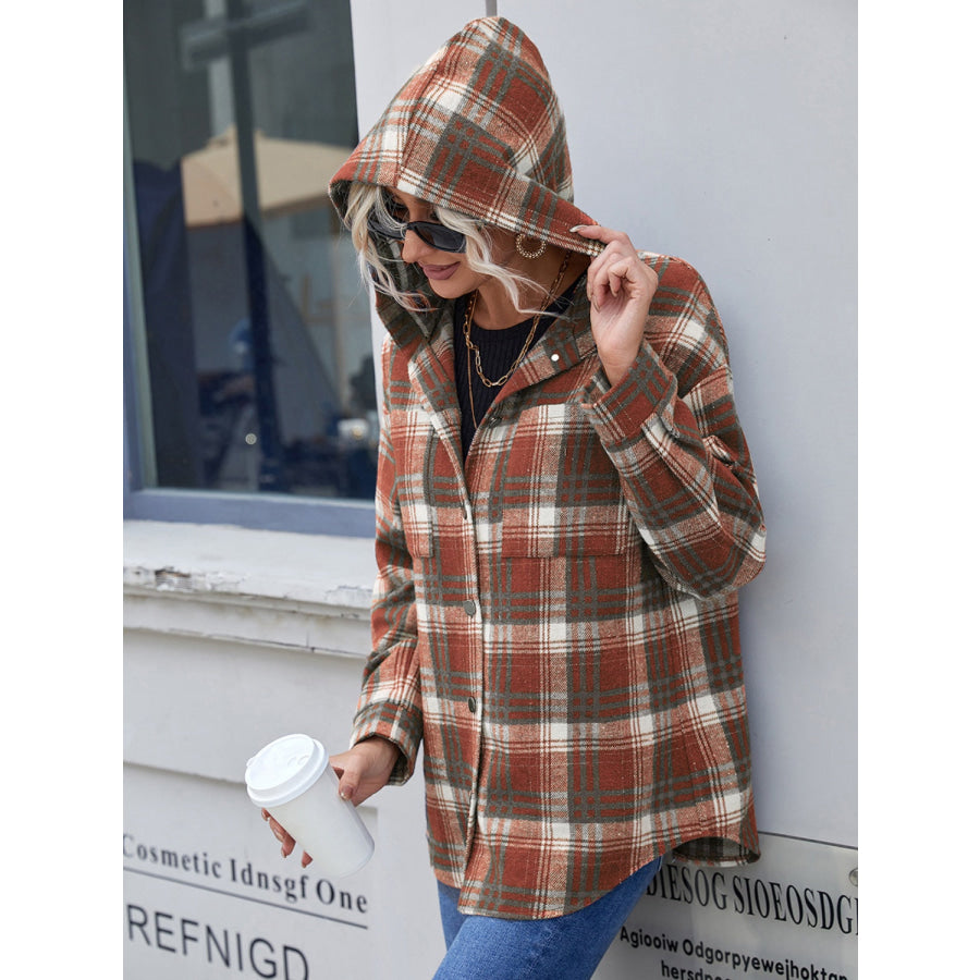 Plaid Button Up Long Sleeve Hooded Jacket Apparel and Accessories