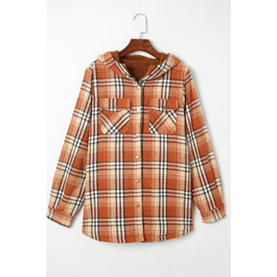 Plaid Button Up Long Sleeve Hooded Jacket Apparel and Accessories