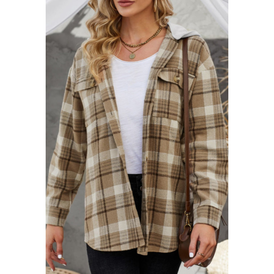 Plaid Button Up Long Sleeve Hooded Jacket Apparel and Accessories