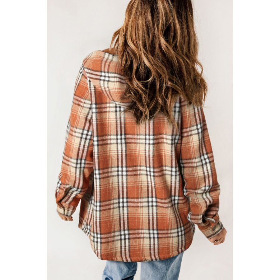 Plaid Button Up Long Sleeve Hooded Jacket Apparel and Accessories