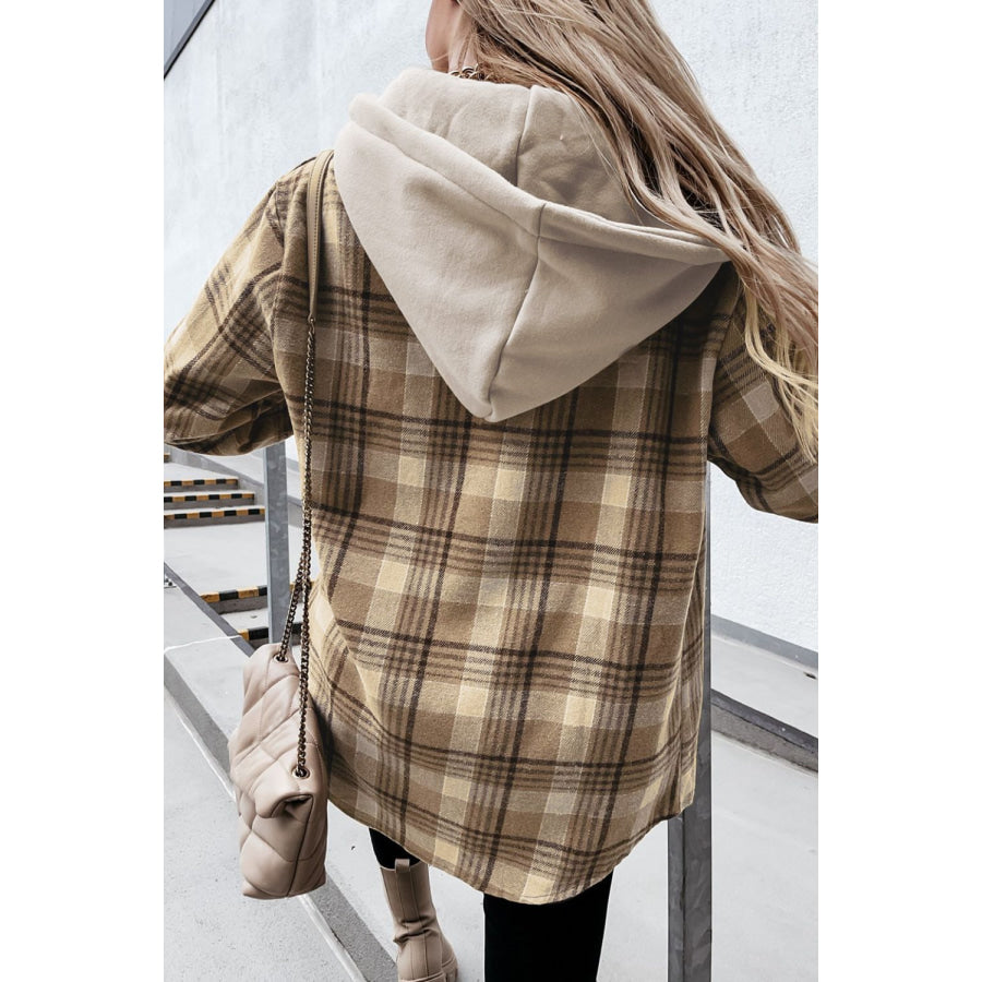 Plaid Button Up Long Sleeve Hooded Jacket Apparel and Accessories