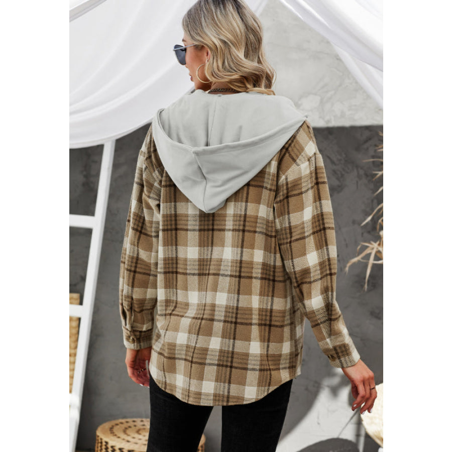 Plaid Button Up Long Sleeve Hooded Jacket Apparel and Accessories