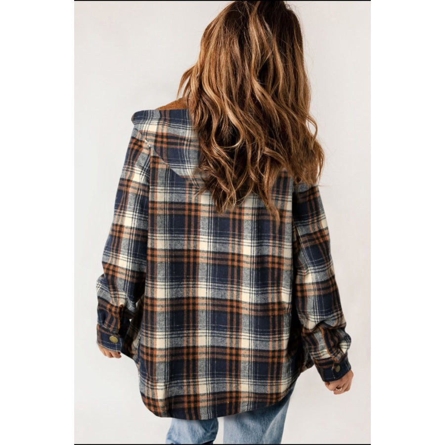 Plaid Button Up Long Sleeve Hooded Jacket Apparel and Accessories